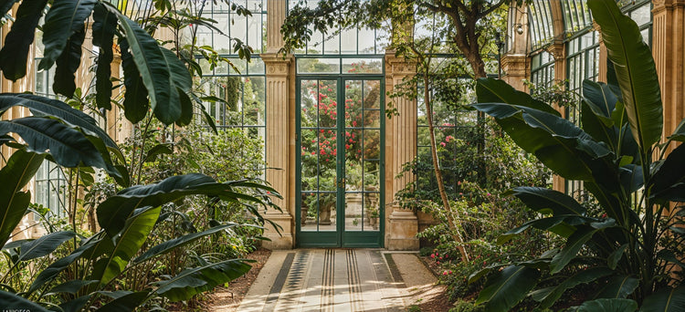 The serene botanical garden in 1924 Paris, bustling with vibrant flowers, elegant pathways, curious visitors, tranquil ponds, and a tapestry of greenery under soft sunlight.