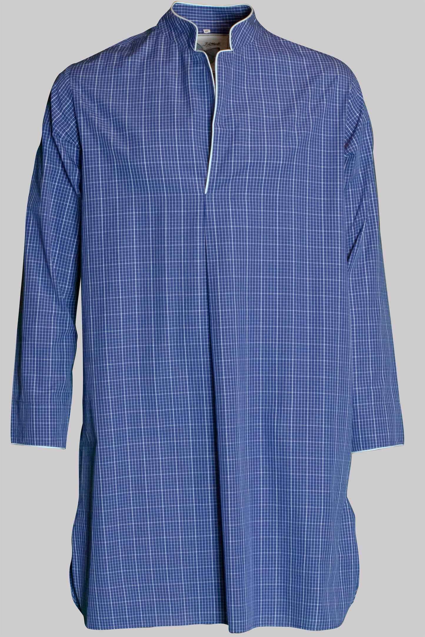 NIGHT-SHIRT BLUE-White with white piping 100% COTTON Cambric Windowpane-Checks