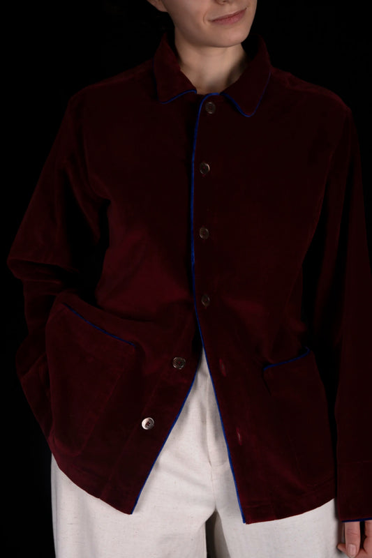 COLONEL-JACKET VELVETBURGUNDY with blue piping 100% COTTON Velvet