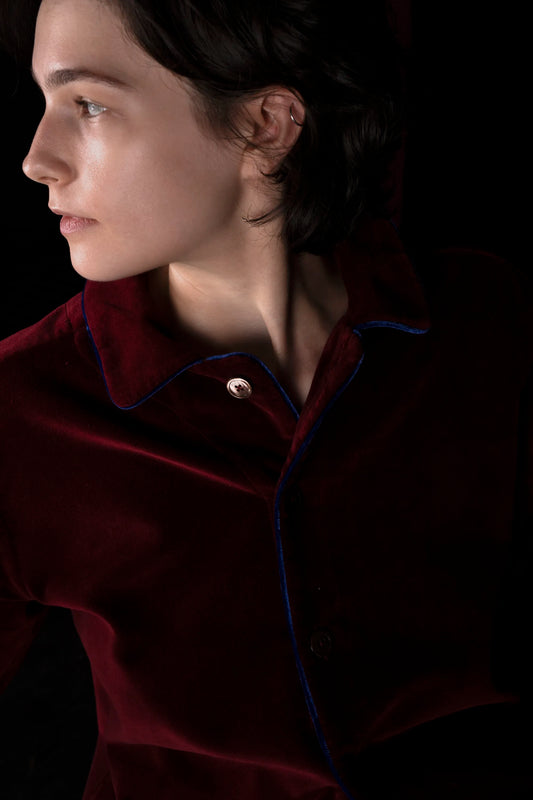 COLONEL-JACKET VELVETBURGUNDY with blue piping 100% COTTON Velvet