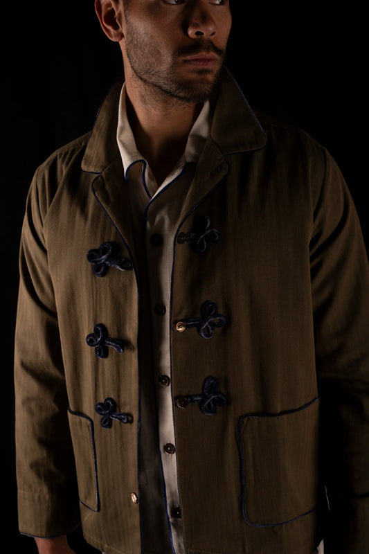 HUSSAR-JACKET BROWN-Green with velvetblue braiding 100% COTTON Herringbone-Thick-Brushed-inside