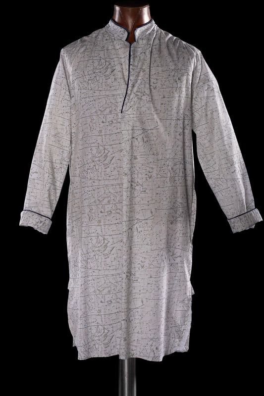 NIGHT-SHIRT NATURAL-Brown with navy piping 100% COTTON Herringbone-light Constellations digital-print