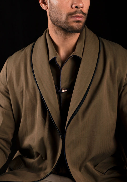 DRESSING-GOWN-KNEELENGTH BROWN-Green with velvetblue taping 100% COTTON Herringbone-Thick-Brushed-inside