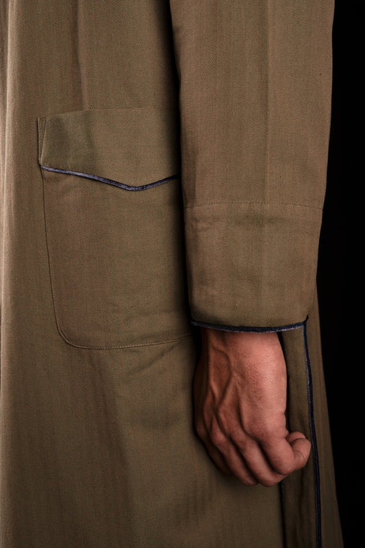 DRESSING-GOWN-KNEELENGTH BROWN-Green with velvetblue taping 100% COTTON Herringbone-Thick-Brushed-inside