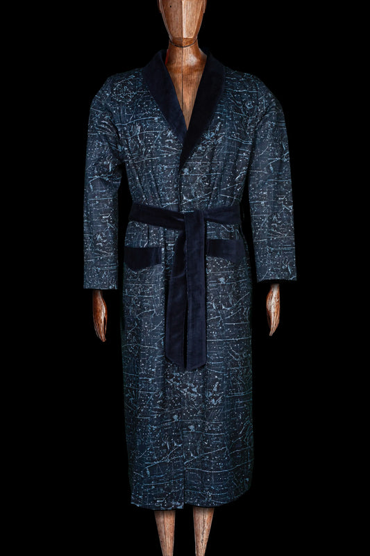 DRESSING-GOWN NAVY-Blue 100% COTTON Herringbone-Thick-Brushed-inside-Velvet Constellations digital-print