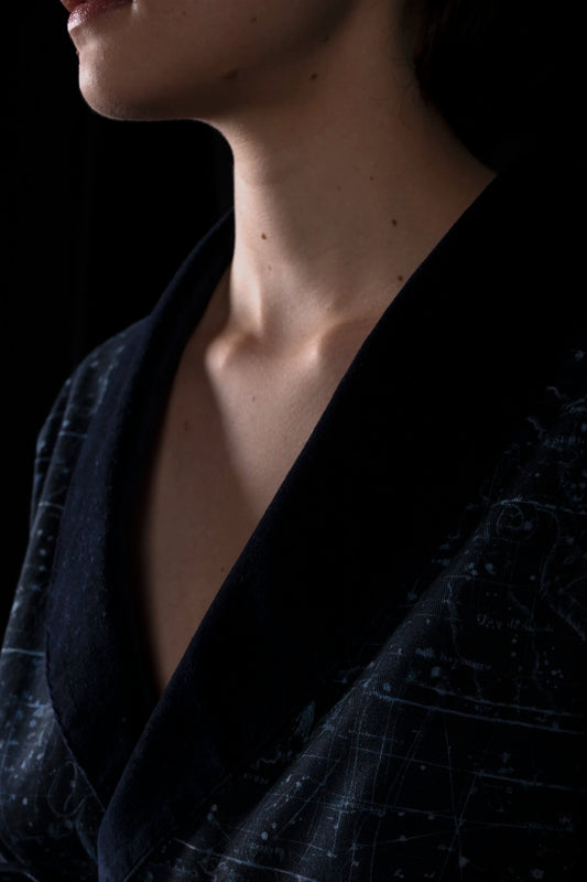 DRESSING-GOWN NAVY-Blue 100% COTTON Herringbone-Thick-Brushed-inside-Velvet Constellations digital-print