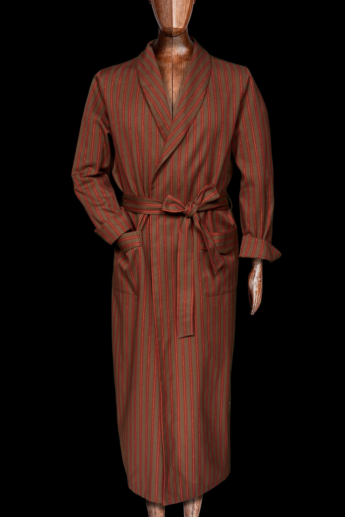 DRESSING-GOWN BROWN-Red-gold 100% COTTON Herringbone-Thick, Brushed-inside Regimental-M-Stripes