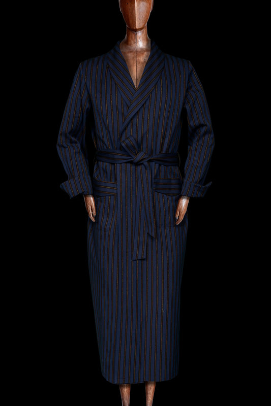 DRESSING-GOWN NAVY-Mocha-gold 100% COTTON Herringbone-Thick-Brushed-inside Regimental-M-Stripes