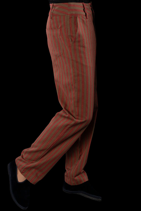 SAILOR-TROUSERS BROWN-Red-gold 100% COTTON Herringbone-Thick, Brushed-inside Regimental-S-Stripes