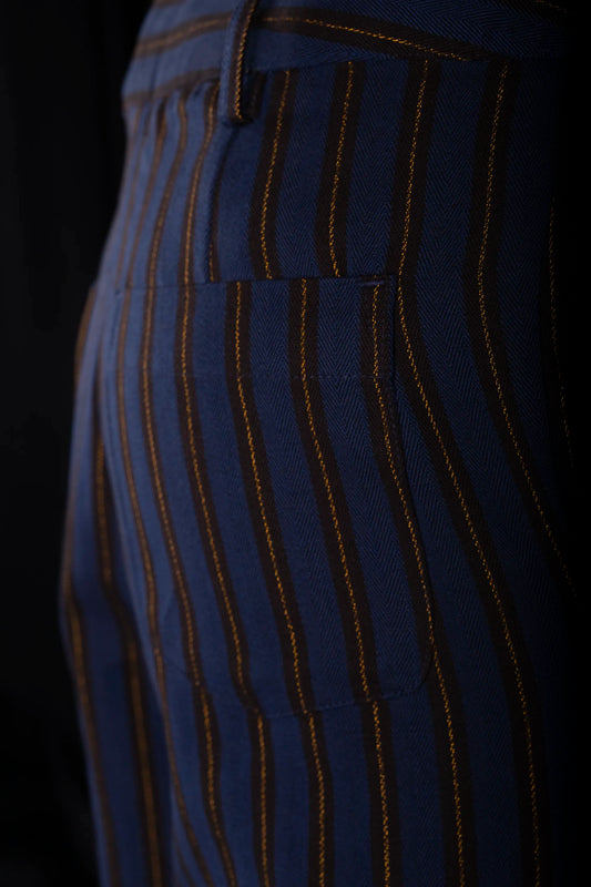 SAILOR-TROUSERS NAVY-Mocha-gold 100% COTTON Herringbone-Thick, Brushed-inside Regimental-S-Stripes