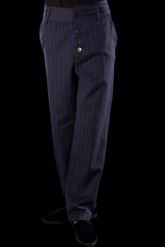 SAILOR-TROUSERS NAVY-Mocha-gold 100% COTTON Herringbone-Thick, Brushed-inside Regimental-S-Stripes