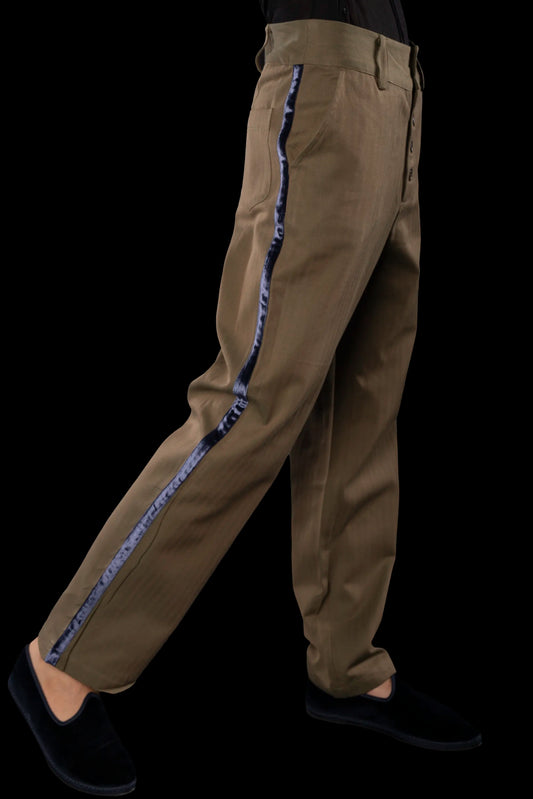 SAILOR-TROUSERS BROWN-Green with velvetblue taping 100% COTTON Herringbone-Thick, Brushed-inside, Velvet