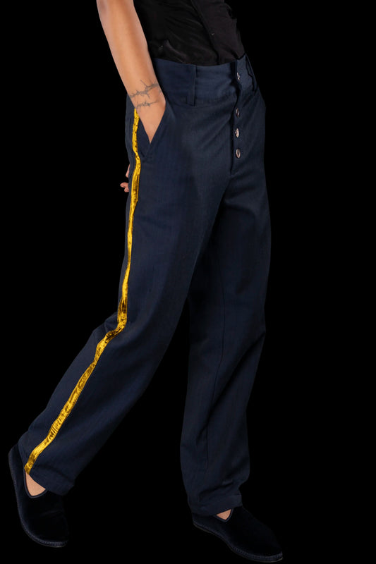 SAILOR-TROUSERS NAVY with gold taping 100% COTTON Herringbone-Thick, Brushed-inside, Velvet