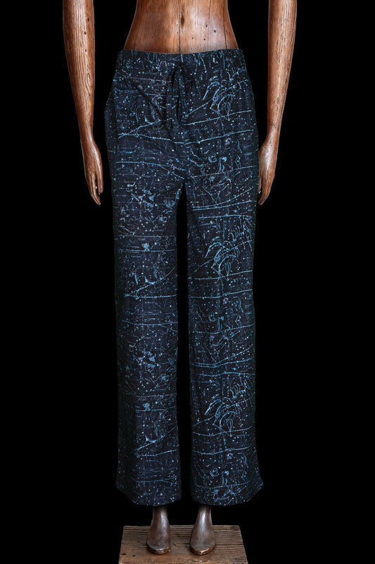 DRAWSTRING-TROUSERS NAVY-Blue with navy piping 100% COTTON Herringbone-light Constellations digital-print