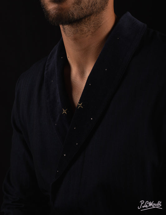 SMOKING-JACKET NAVY-Velvetblue with velvetblue taping 100% COTTON Herringbone-Thick, Velvet, Embroidered