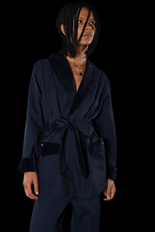 SMOKING-JACKET NAVY-Velvetblue with velvetblue taping 100% COTTON Herringbone-Thick, Velvet, Embroidered