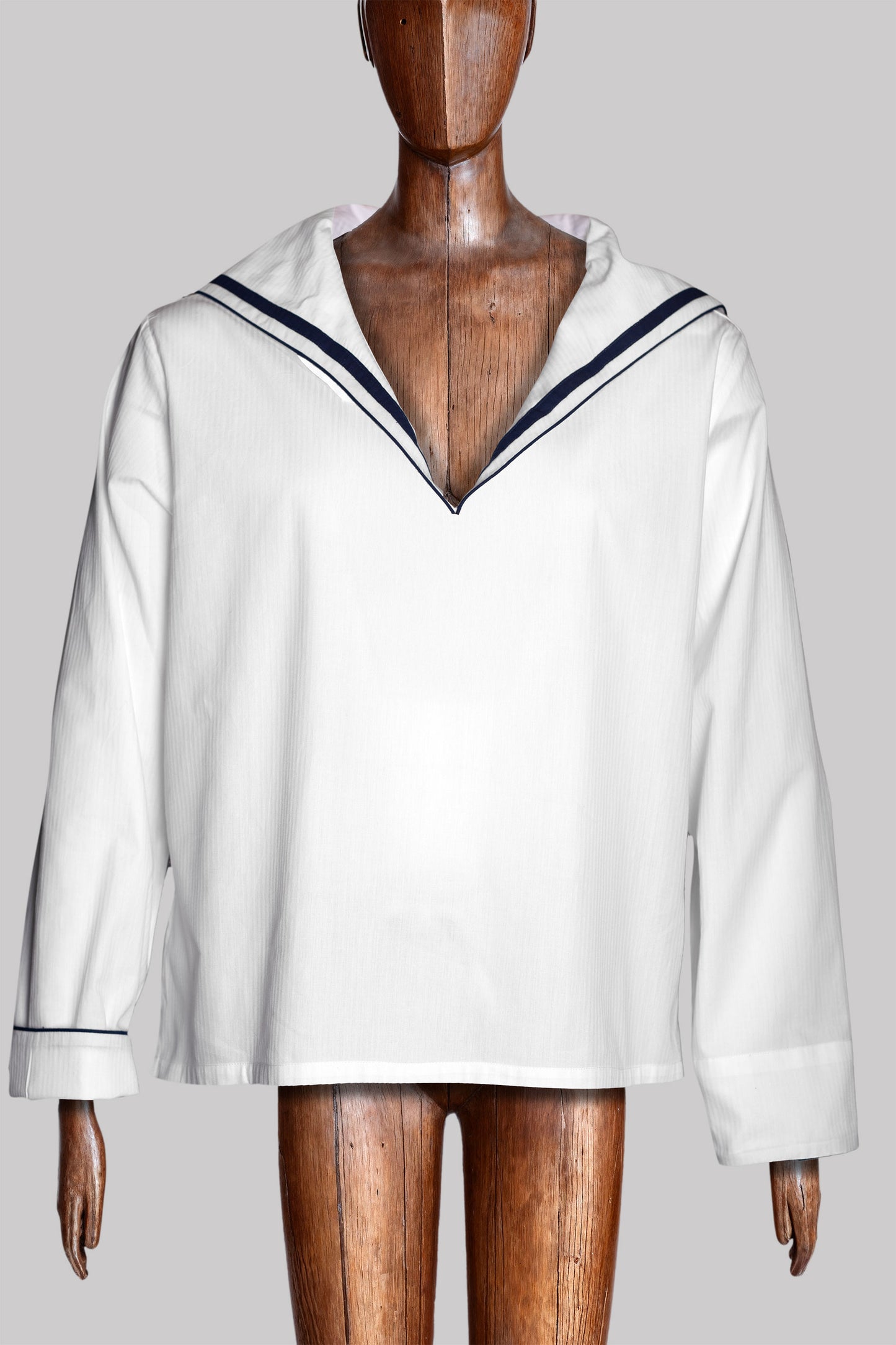 SAILOR-SHIRT WHITE with navy taping 100% COTTON Herringbone-light