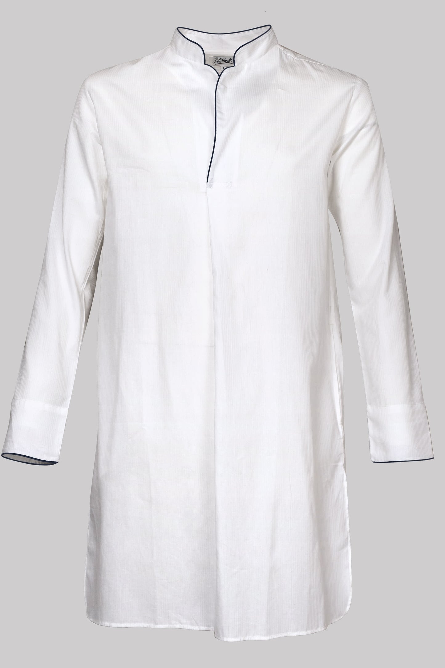 NIGHT-SHIRT WHITE with navy piping 100% COTTON Herringbone-light