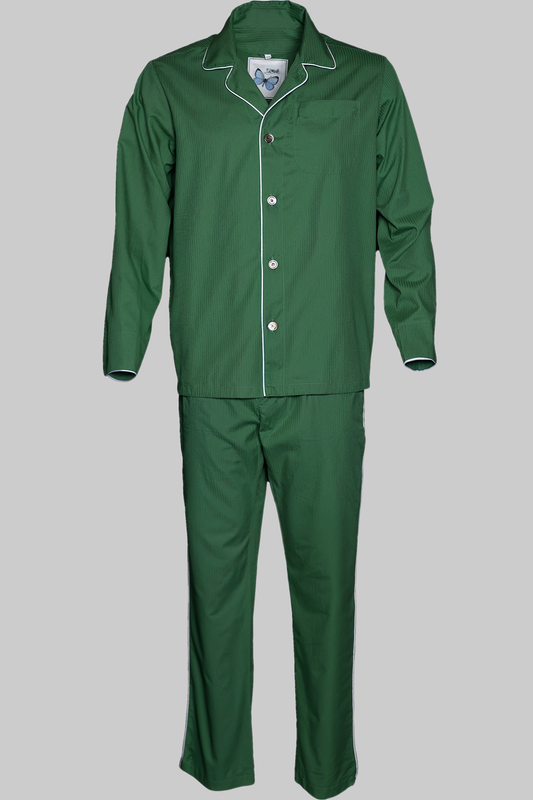 PYJAMA GREEN with white piping 100% COTTON Herringbone-light fabric-dyed