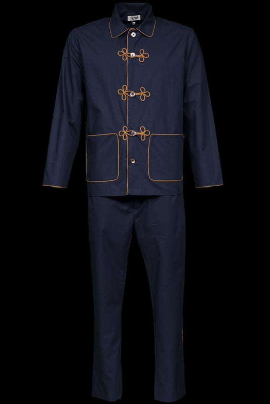 PYJAMA BLUE with brown braiding 100% COTTON Popeline fabric-dyed