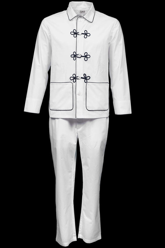 PYJAMA WHITE with navy braiding 100% COTTON Popeline