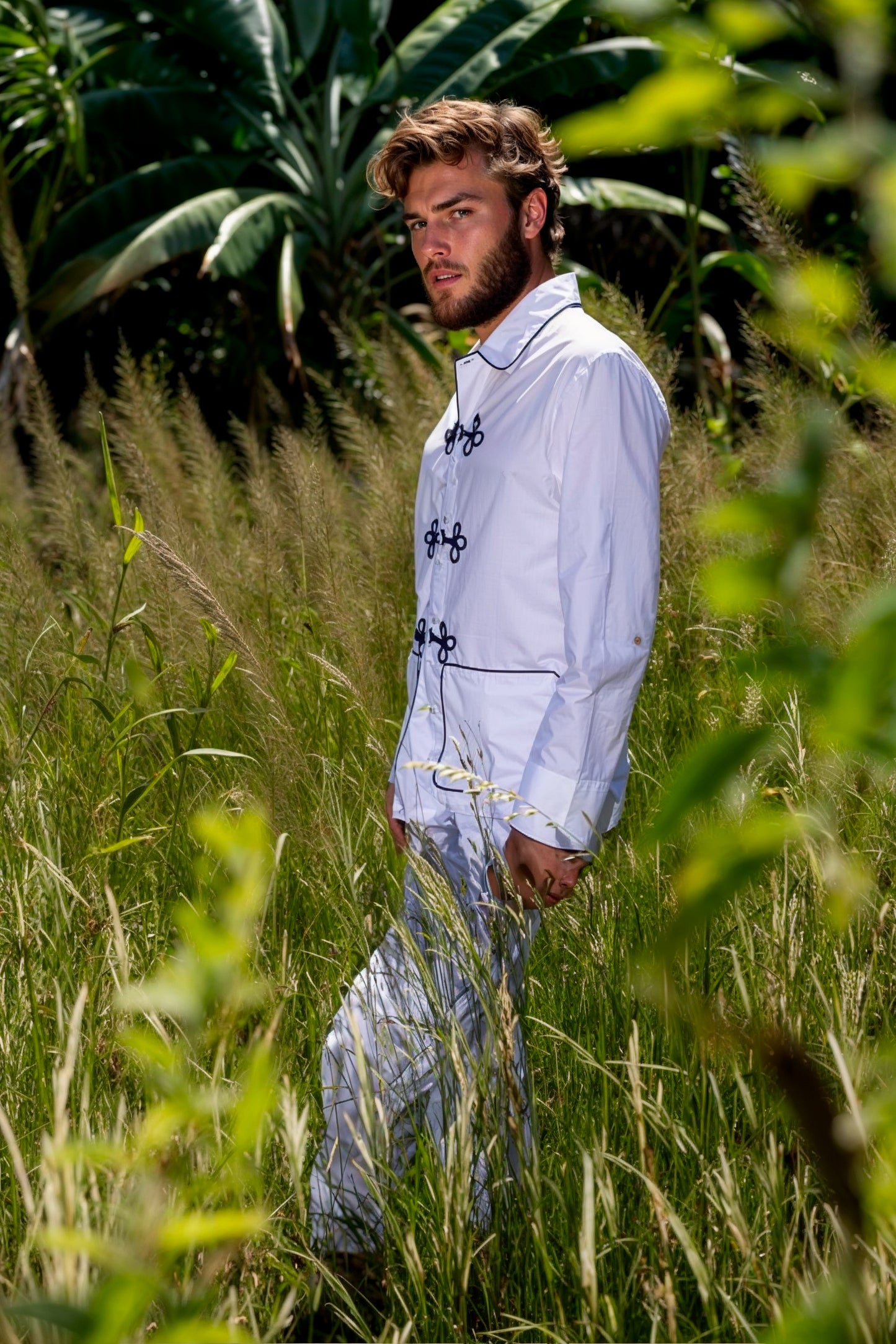 PYJAMA WHITE with navy braiding 100% COTTON Popeline