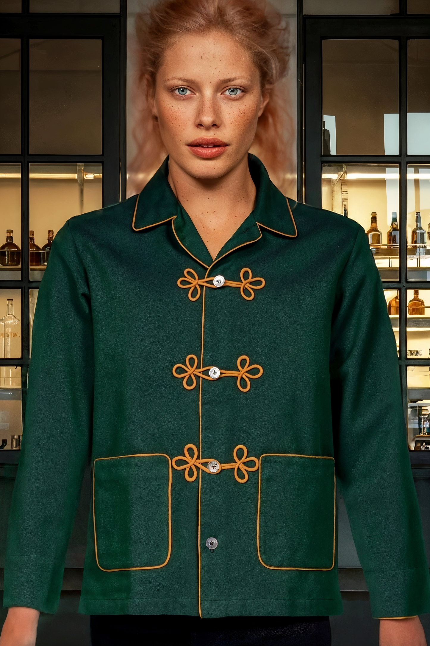 HUSSAR-JACKET PEACOCKGREEN with gold-gold braiding 100% COTTON Herringbone-Thick, bi-colour-weave, brushed-inside