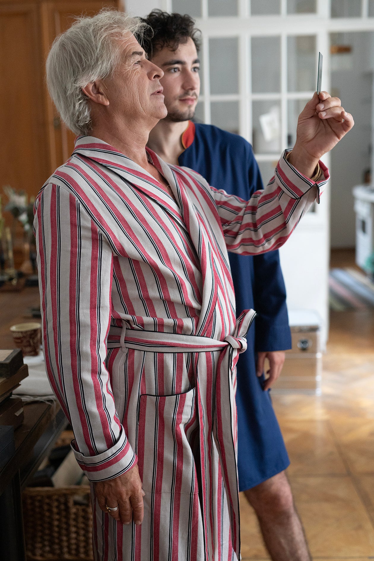 DRESSING-GOWN RED-Sandsilver-white-black with black piping 100% COTTON Herringbone-Thick, brushed-inside Asymmetric-Stripes