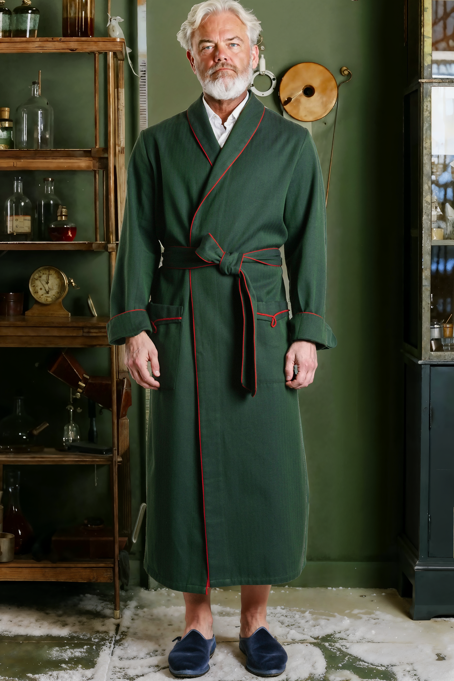 DRESSING-GOWN PEACOCKGREEN with red-red braiding 100% COTTON Herringbone-Thick, bi-colour-weave, brushed-inside