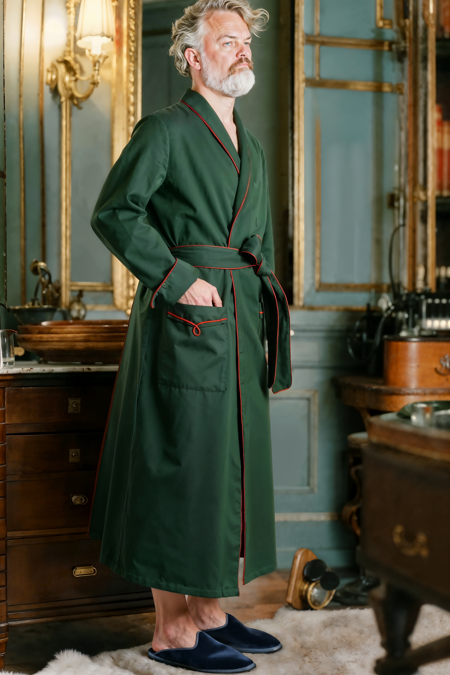 DRESSING-GOWN PEACOCKGREEN with red-red braiding 100% COTTON Herringbone-Thick, bi-colour-weave, brushed-inside