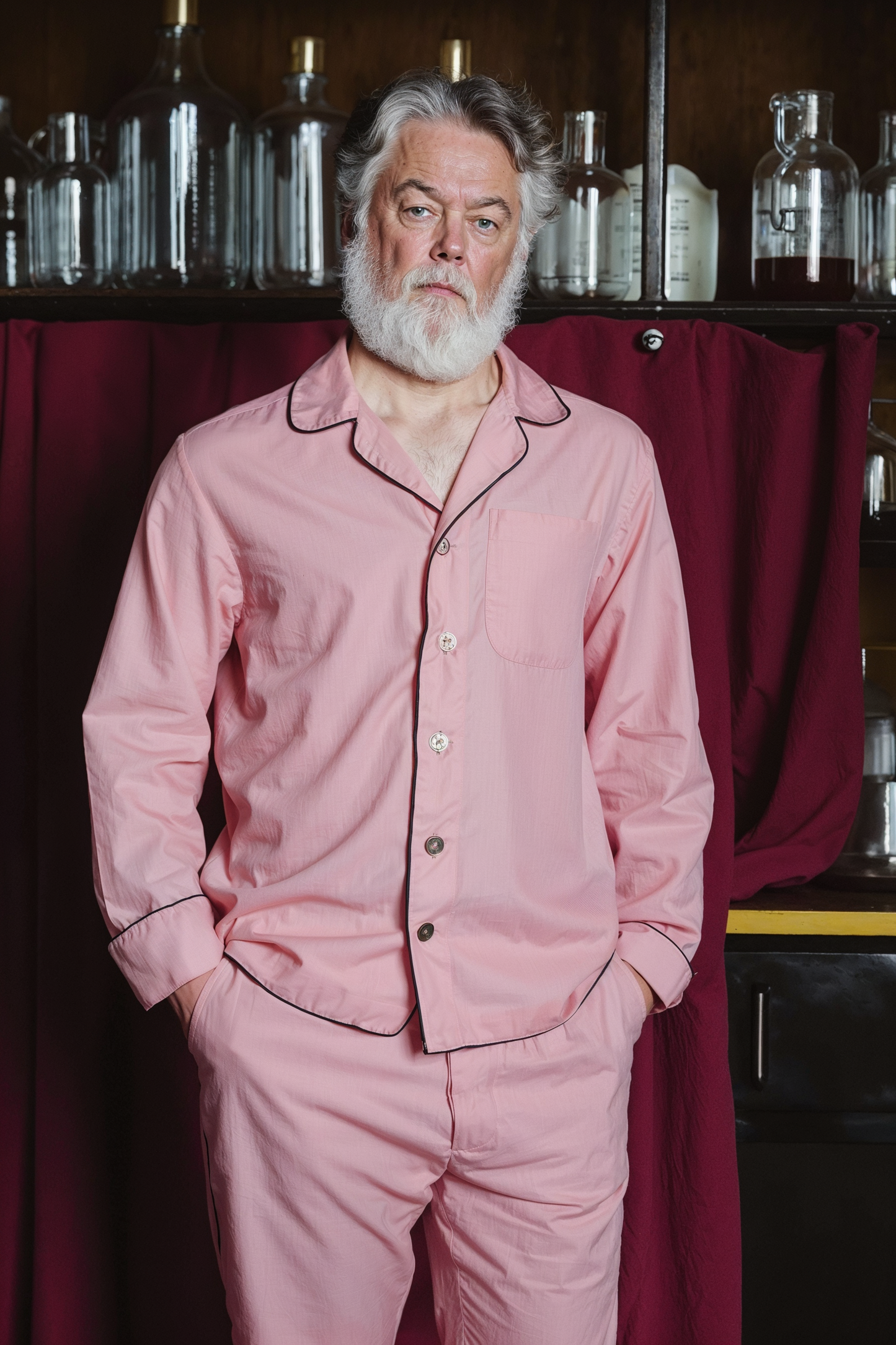 PYJAMA PINK with black piping 100% COTTON Herringbone-light