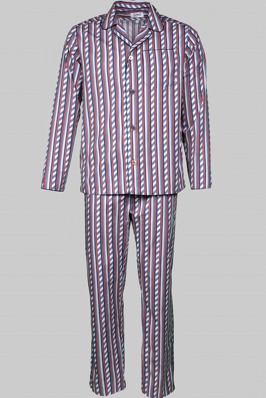 PYJAMA FRANCE with blue piping 100% COTTON Herringbone-light Medium-Stripes digital-print