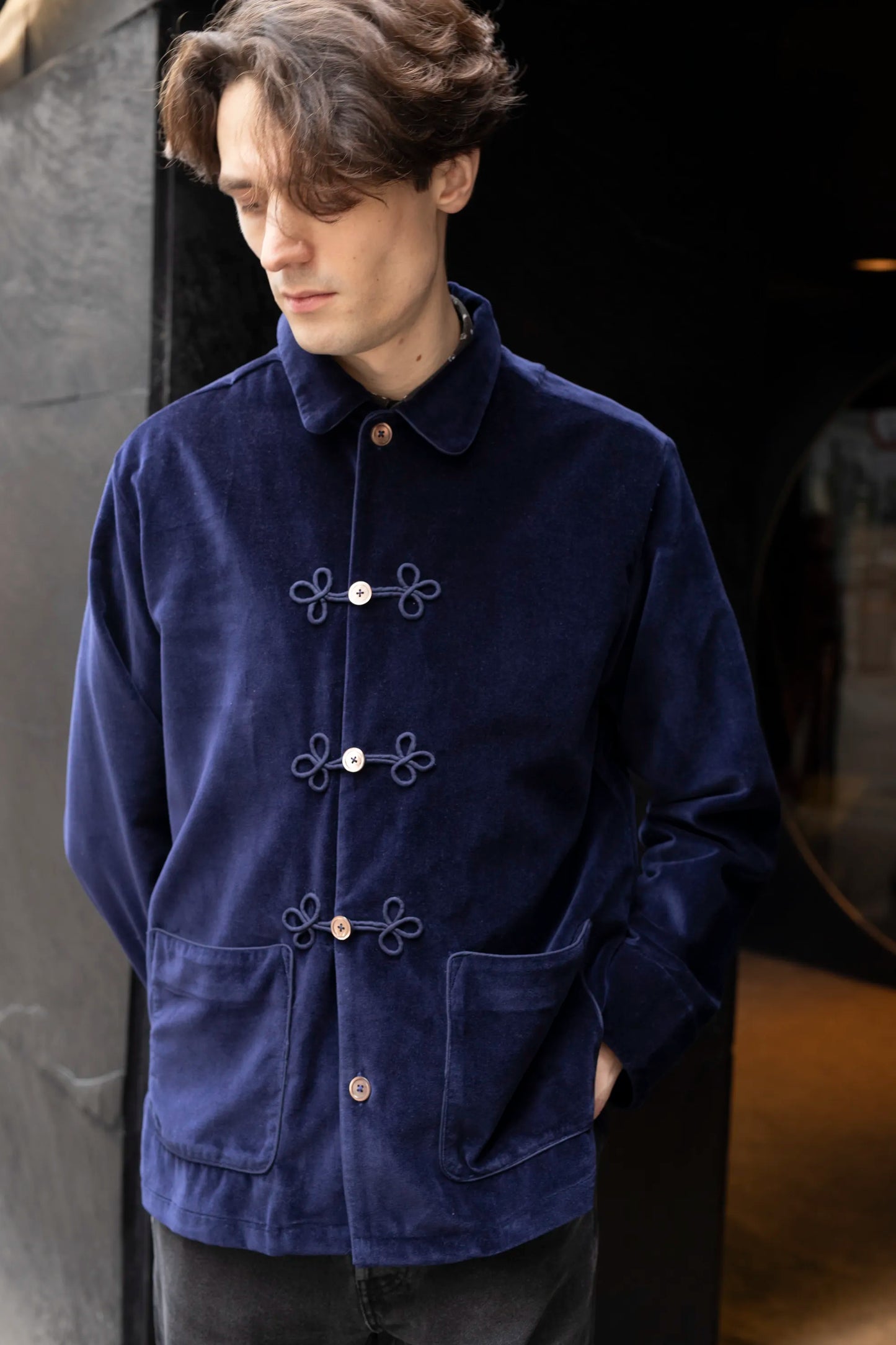 HUSSAR-JACKET VELVETNAVY with velvetnavy braiding 100% COTTON Velvet fabric-dyed