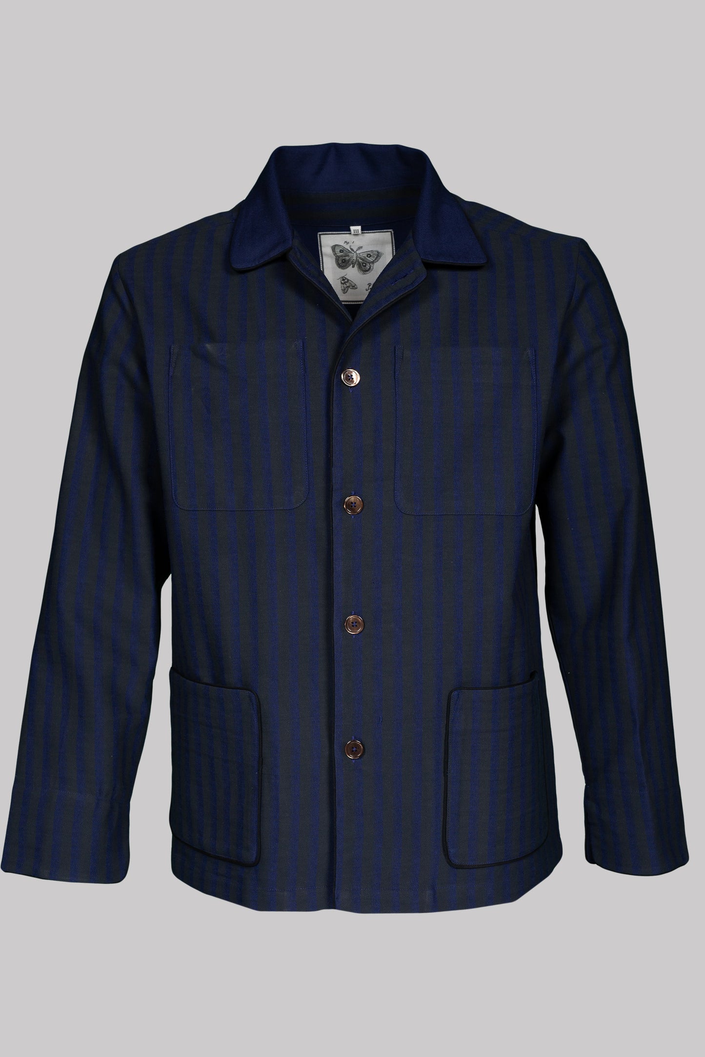 COLONEL-JACKET BLUE-Black-black with black piping 100% COTTON Herringbone-Thick, Brushed-inside Broad-Stripes screen-print