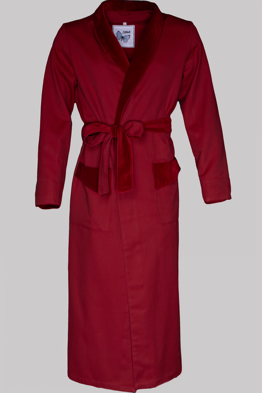 DRESSING-GOWN RED with burgundy piping 100% COTTON Herringbone-Thick, Velvet fabric-dyed