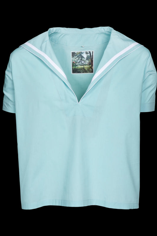 SAILOR-SHIRT-SHORT AQUA with white taping 100% COTTON Popeline fabric-dyed