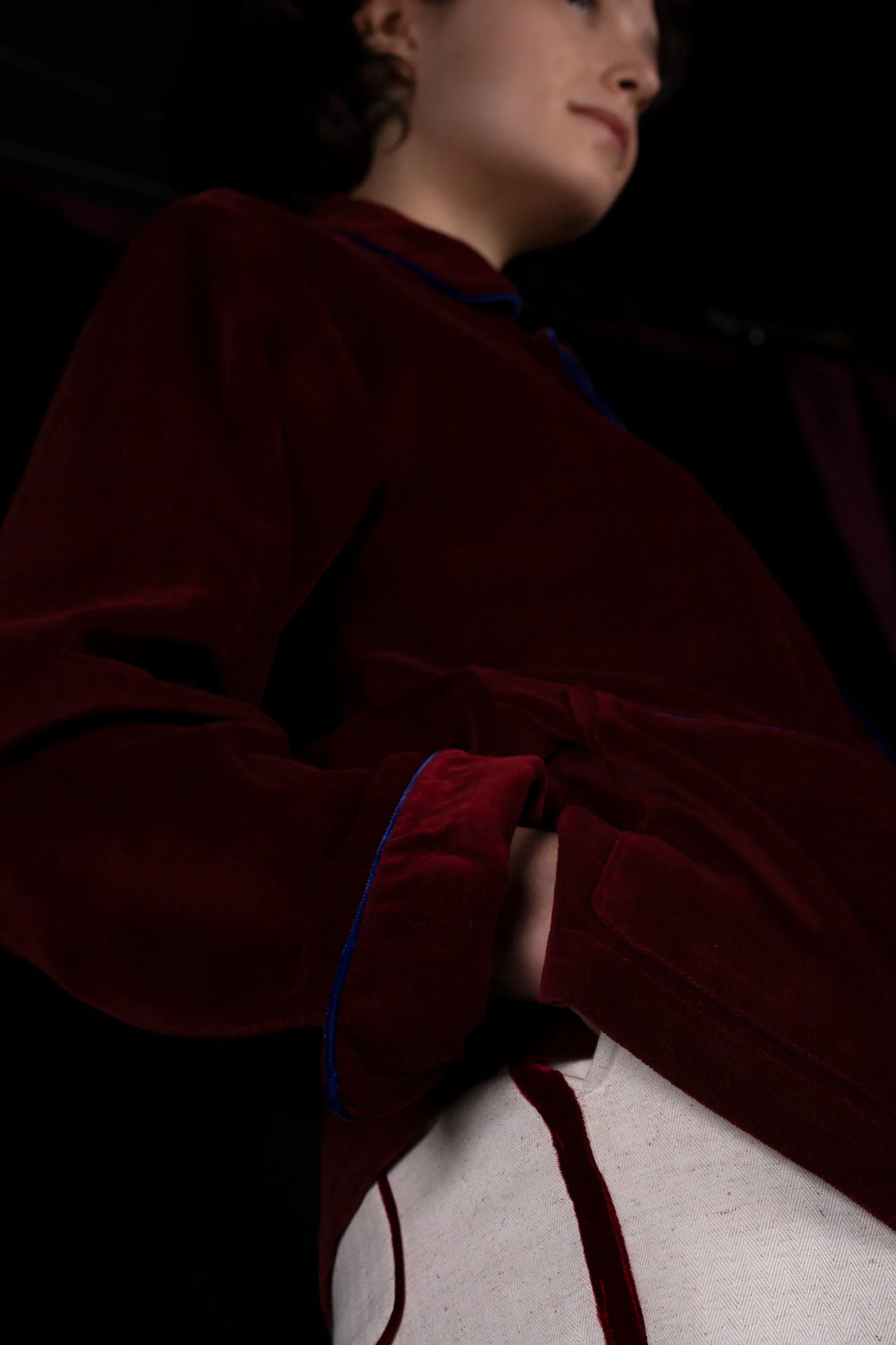 COLONEL-JACKET VELVETBURGUNDY with blue piping 100% COTTON Velvet
