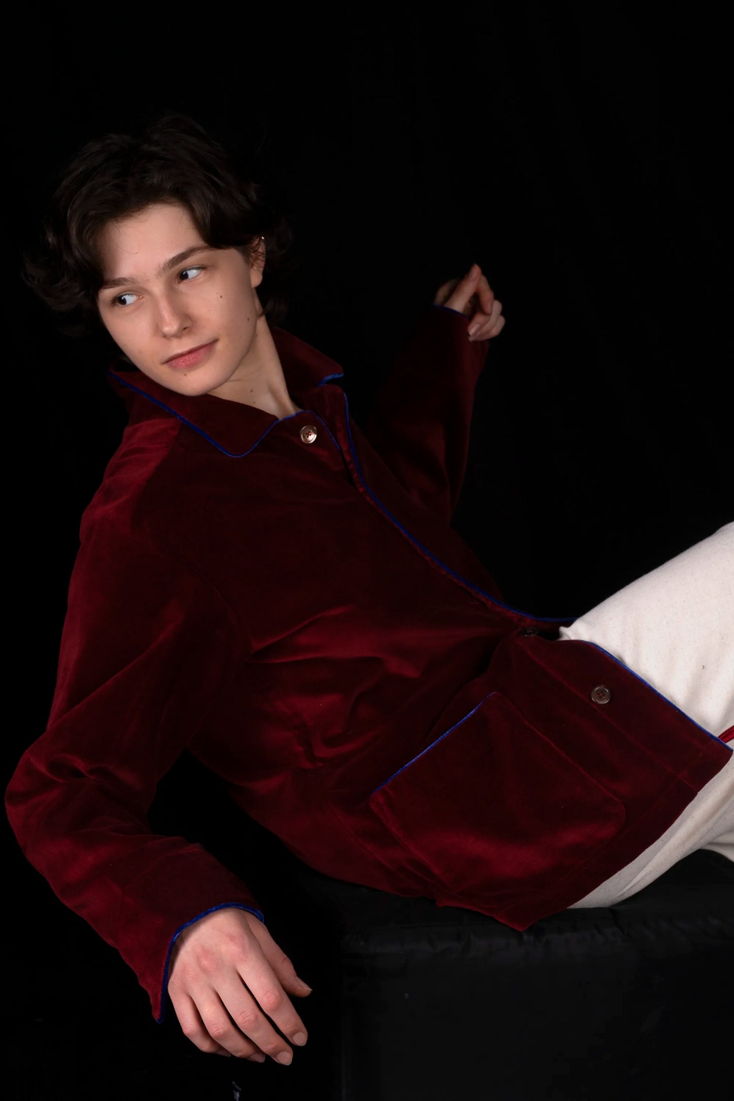COLONEL-JACKET VELVETBURGUNDY with blue piping 100% COTTON Velvet