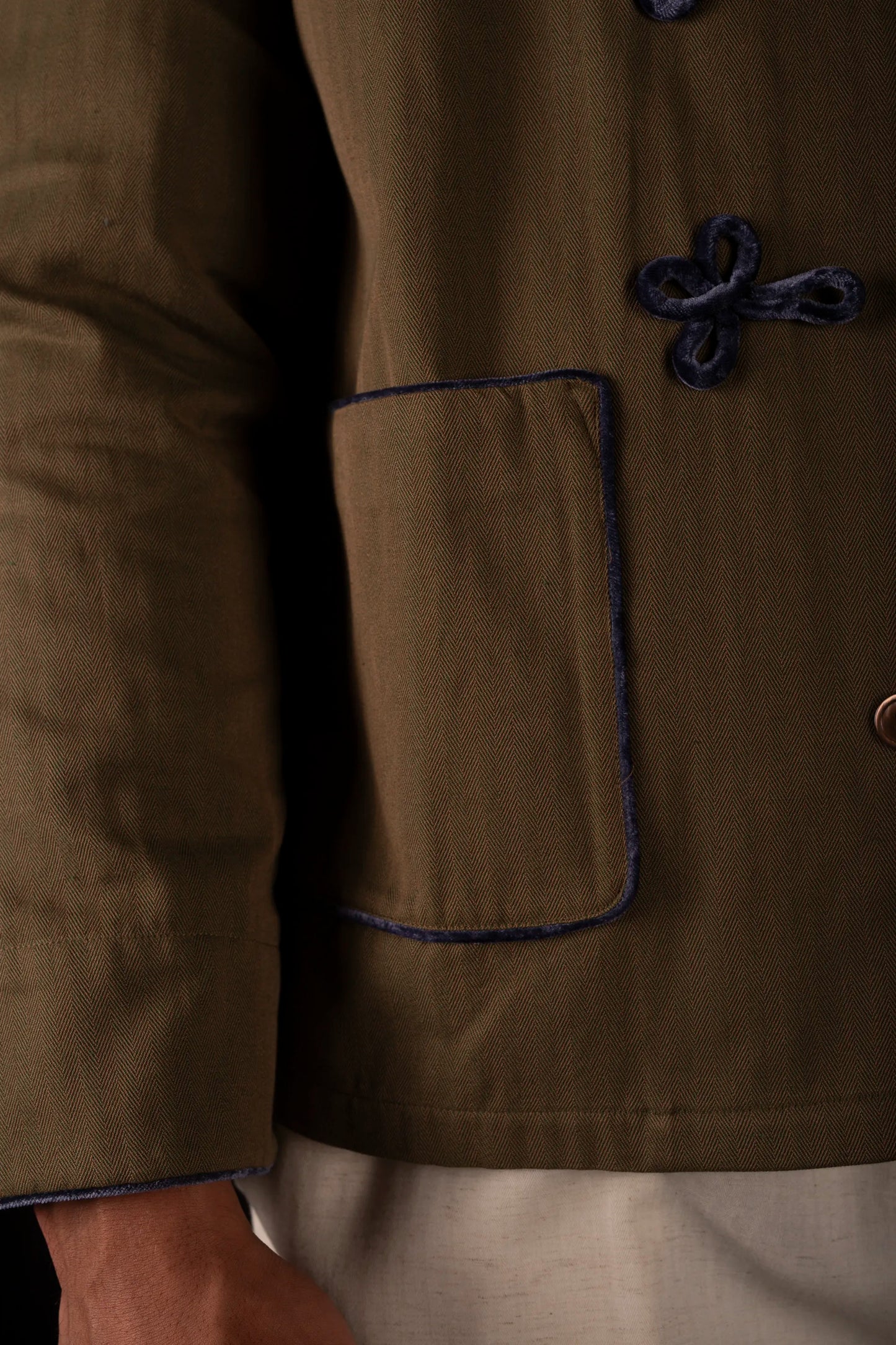 HUSSAR-JACKET BROWN-Green with velvetblue braiding 100% COTTON Herringbone-Thick-Brushed-inside