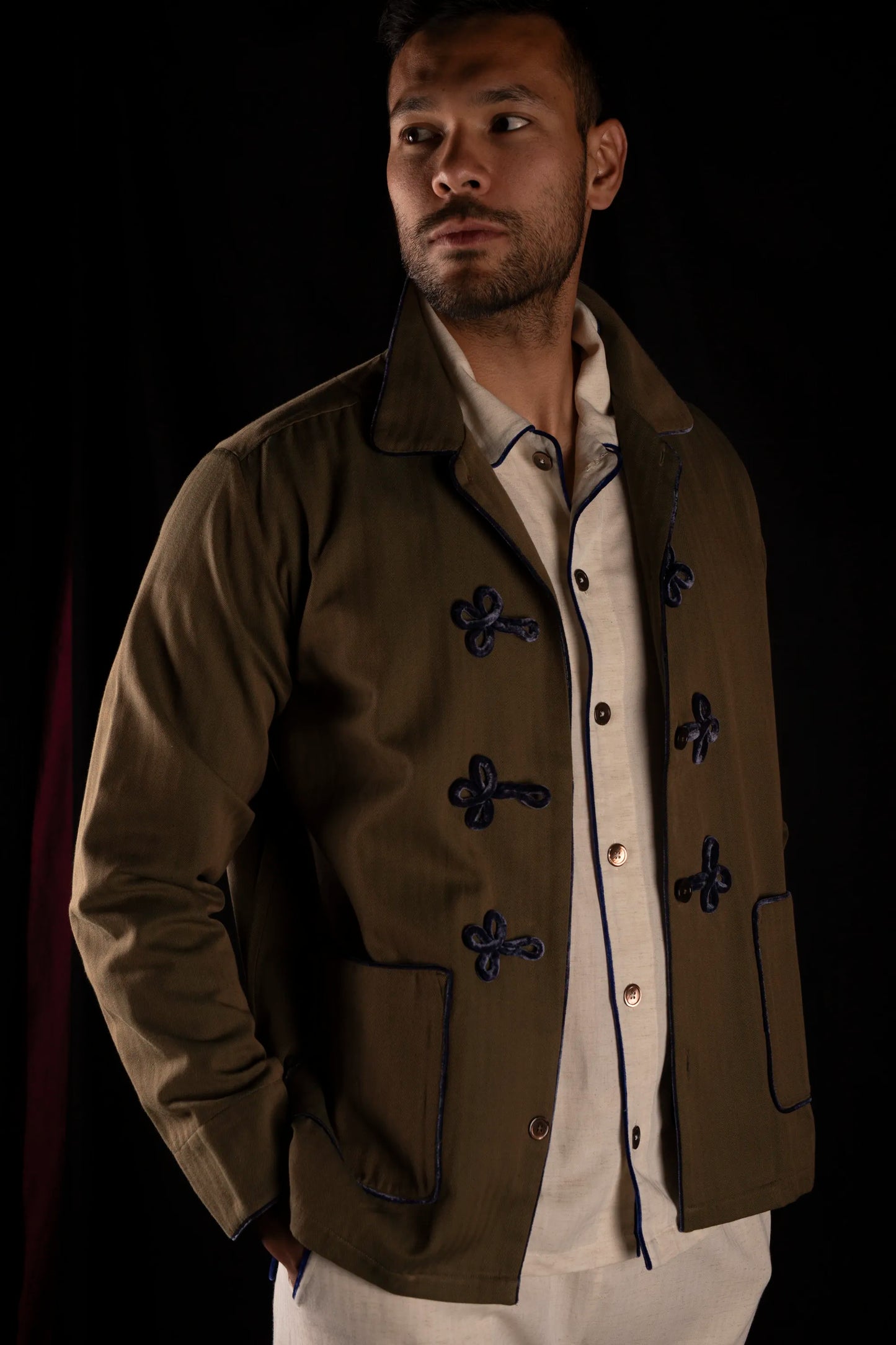 HUSSAR-JACKET BROWN-Green with velvetblue braiding 100% COTTON Herringbone-Thick-Brushed-inside