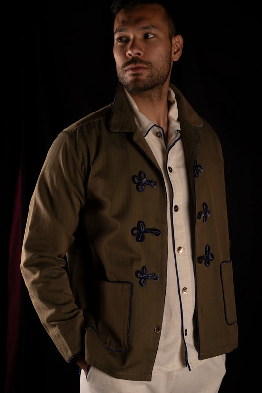 HUSSAR-JACKET BROWN-Green with velvetblue braiding 100% COTTON Herringbone-Thick-Brushed-inside