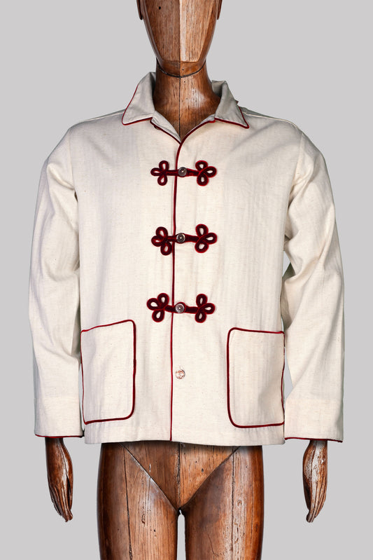 HUSSAR-JACKET NATURAL with velvetburgundy braiding 100% COTTON Herringbone-Thick-Brushed-inside