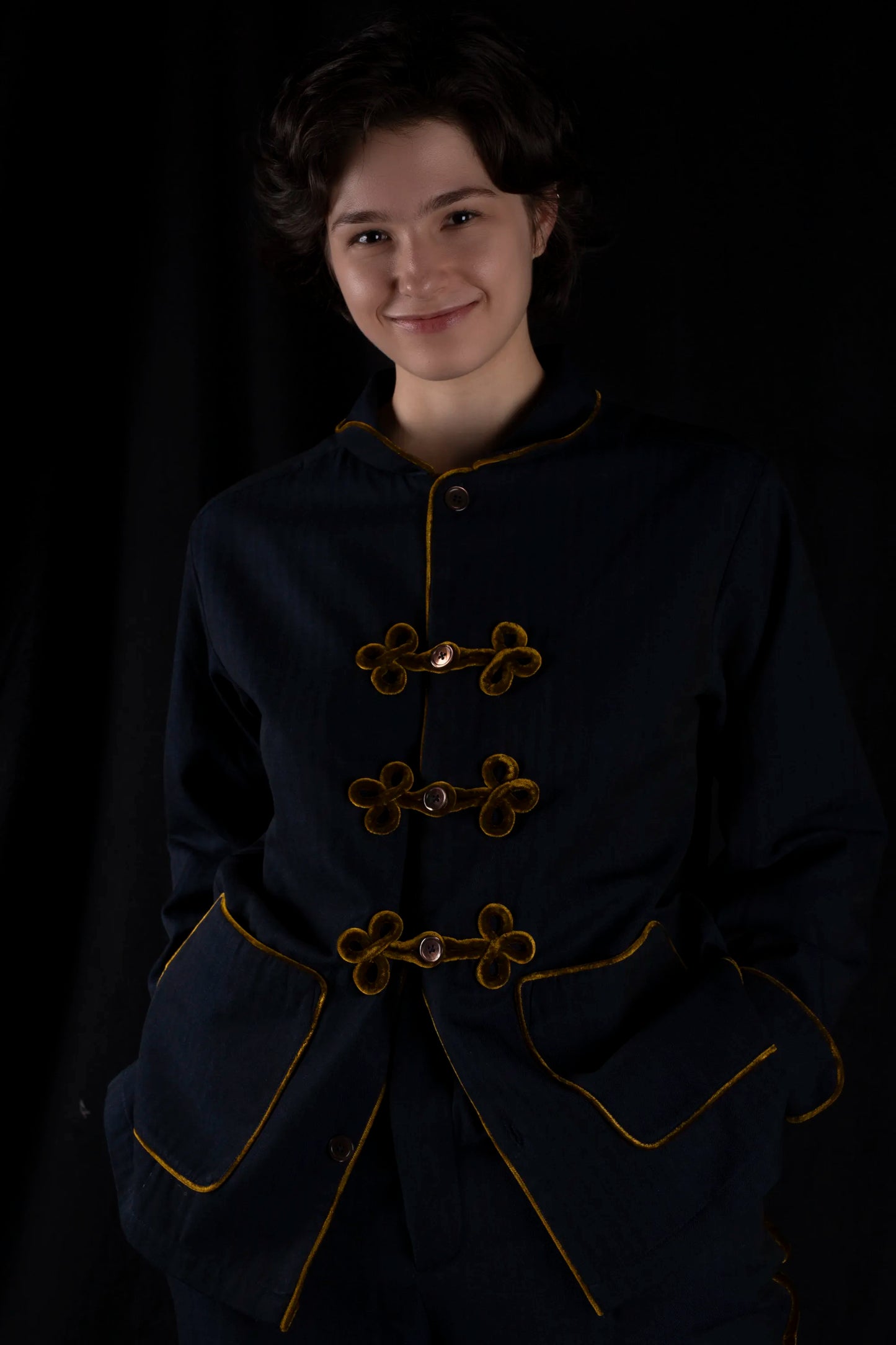 HUSSAR-JACKET NAVY with gold braiding 100% COTTON Herringbone-Thick-Brushed-inside