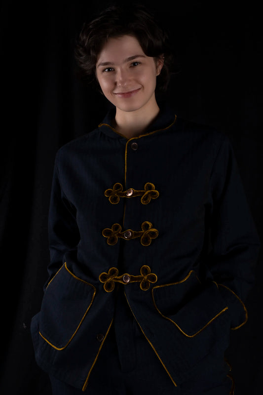 HUSSAR-JACKET NAVY with gold braiding 100% COTTON Herringbone-Thick-Brushed-inside