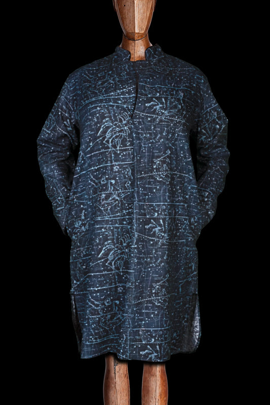 NIGHT-SHIRT NAVY with black piping 100% COTTON Herringbone-light Constellations digital-print