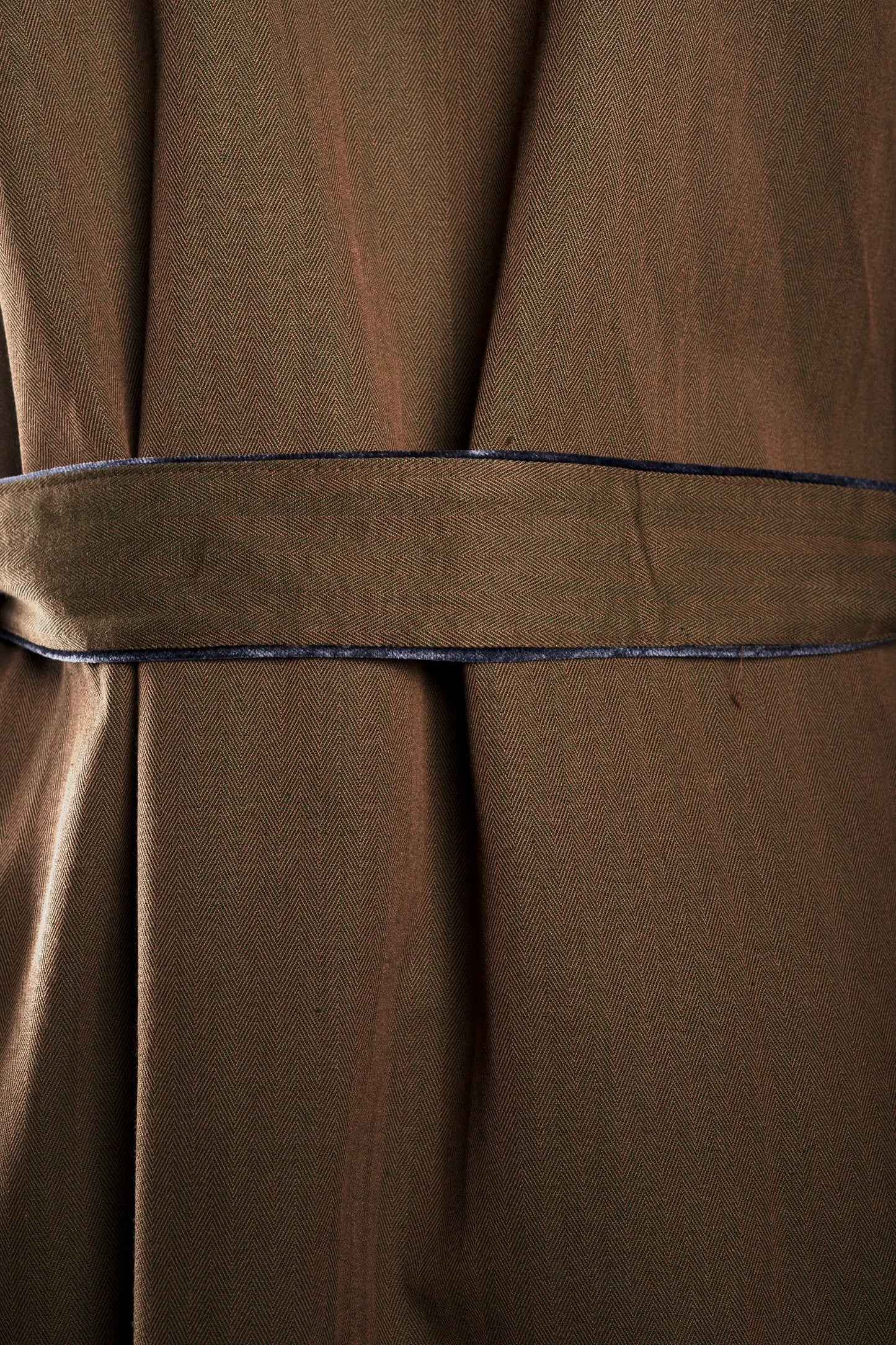 DRESSING-GOWN-KNEELENGTH BROWN-Green with velvetblue taping 100% COTTON Herringbone-Thick-Brushed-inside