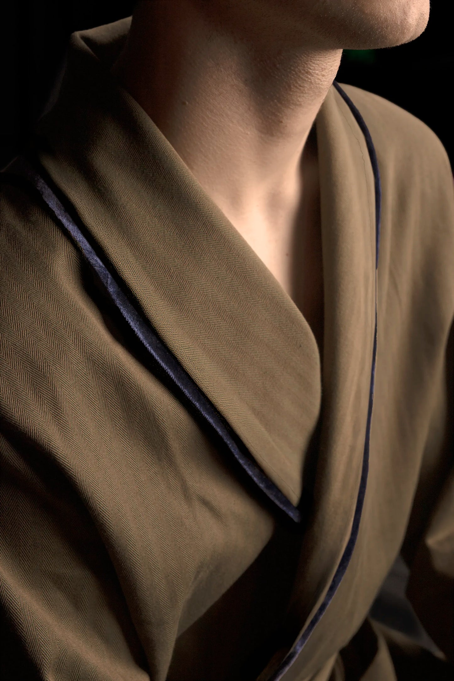 DRESSING-GOWN-KNEELENGTH BROWN-Green with velvetblue taping 100% COTTON Herringbone-Thick-Brushed-inside