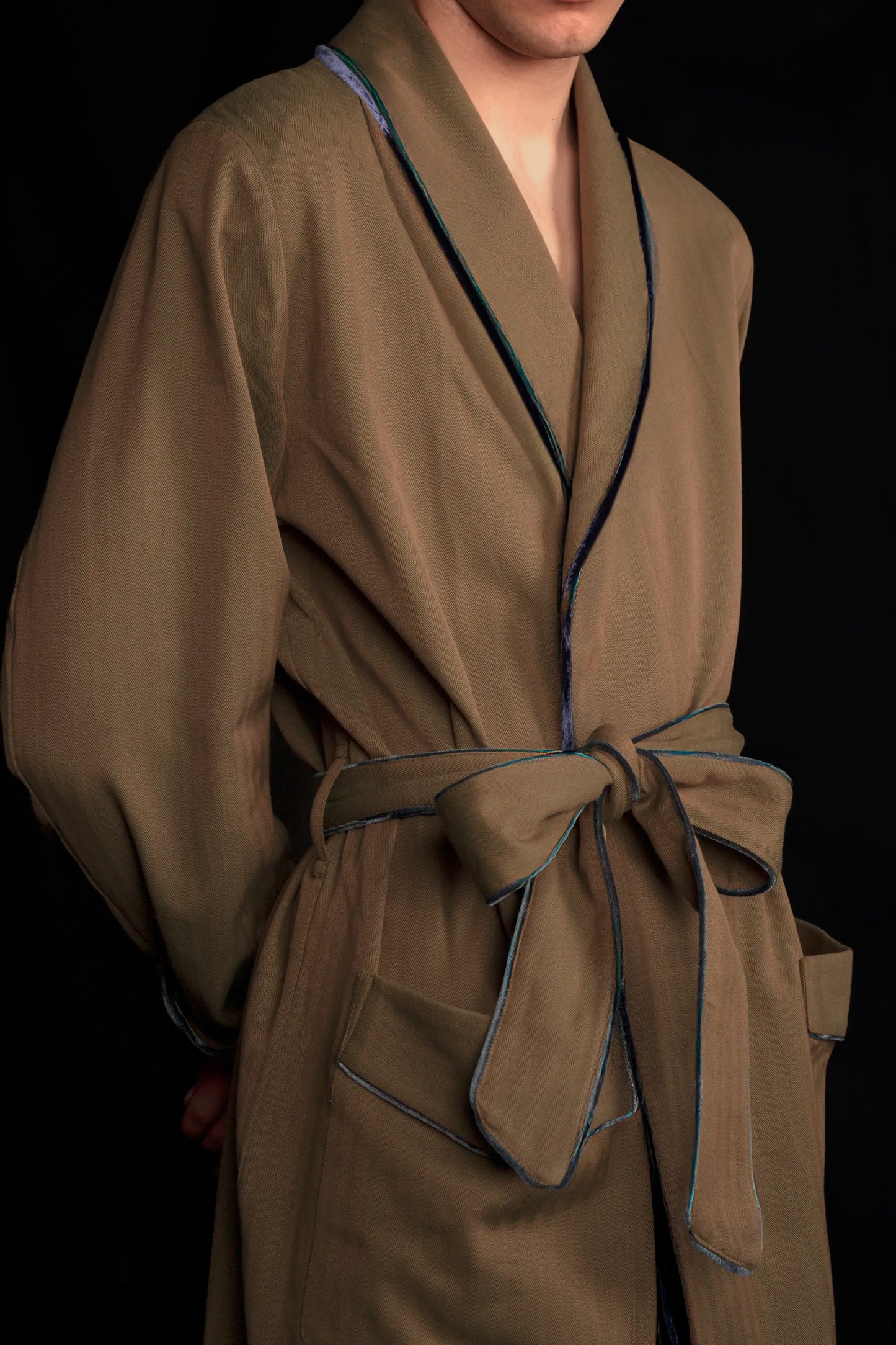 DRESSING-GOWN-KNEELENGTH BROWN-Green with velvetblue taping 100% COTTON Herringbone-Thick-Brushed-inside