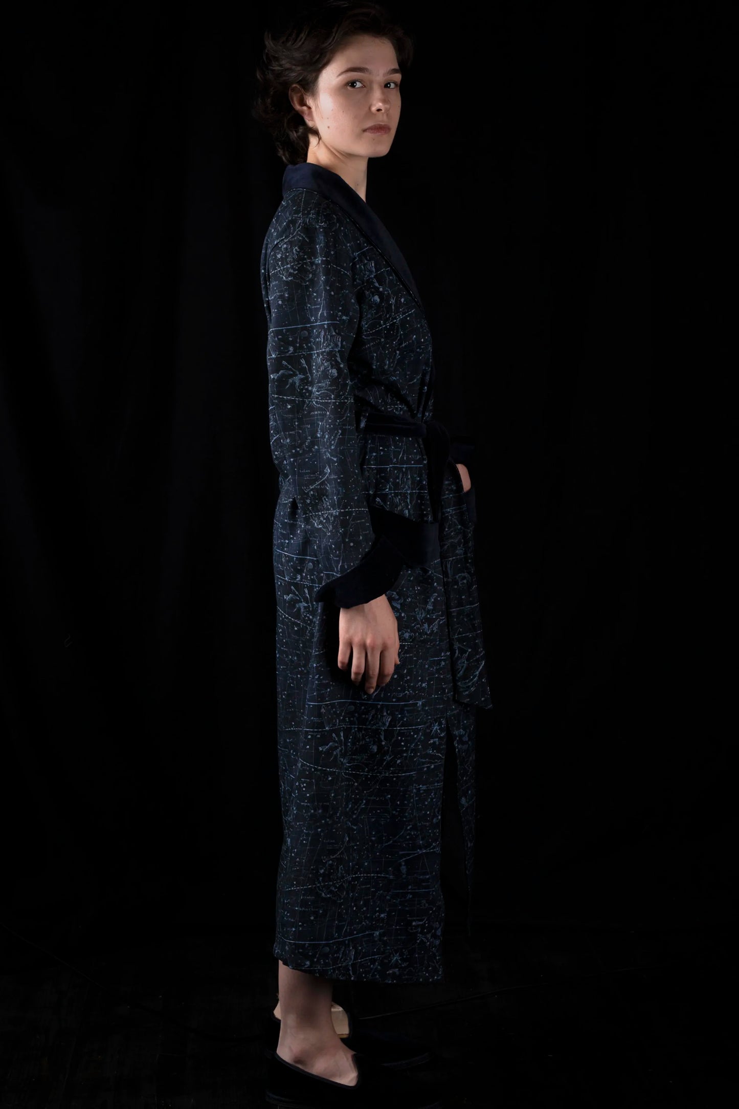 DRESSING-GOWN NAVY-Blue 100% COTTON Herringbone-Thick-Brushed-inside-Velvet Constellations digital-print