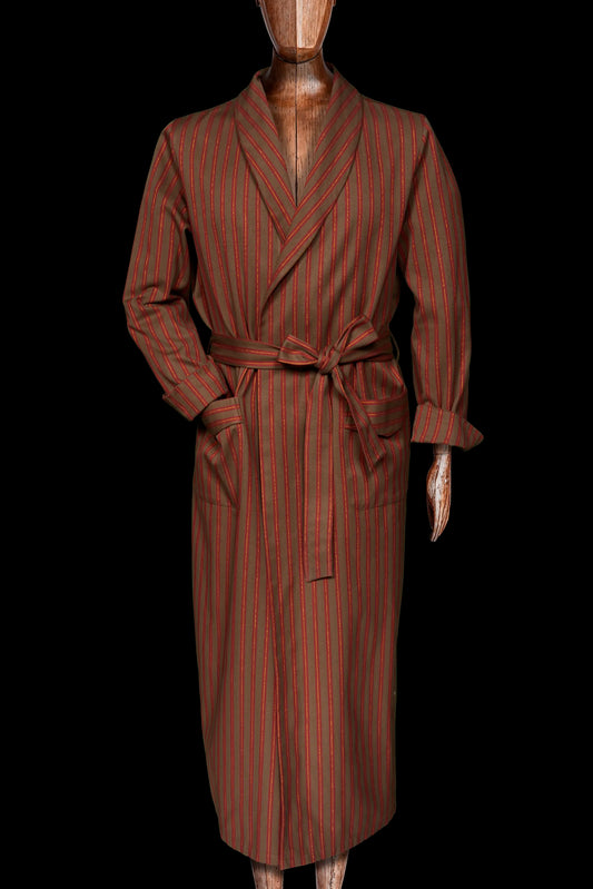 DRESSING-GOWN BROWN-Red-gold 100% COTTON Herringbone-Thick, Brushed-inside Regimental-M-Stripes
